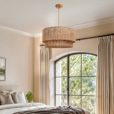 Ardita Rattan Pendant Light - Natural Drum 1-Light Polished Handwoven Dimmable Hanging Light For Kitchen Island, Kitchen, Dining Room, Living Room, Bedroom, Hallway or Covered Patio in Modern, Farmhouse & Boho Style