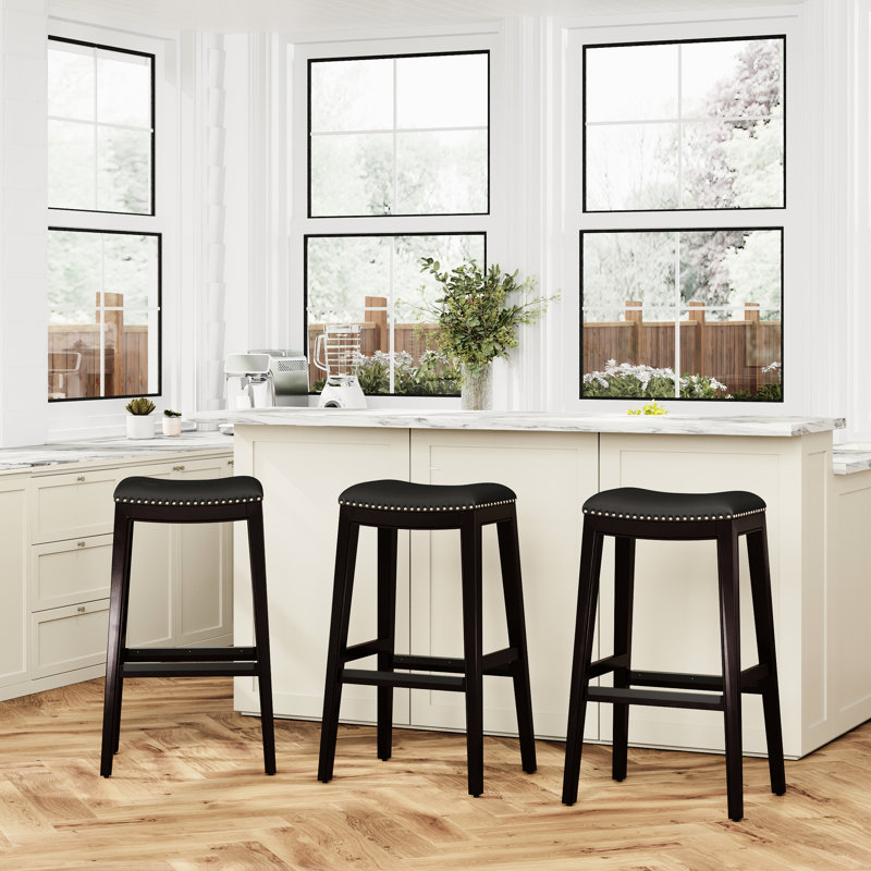 Tabouret de bar de 30 po avec assise en cuir de cerisier et en os, de conception confortable et chic, Cerisier, Beige