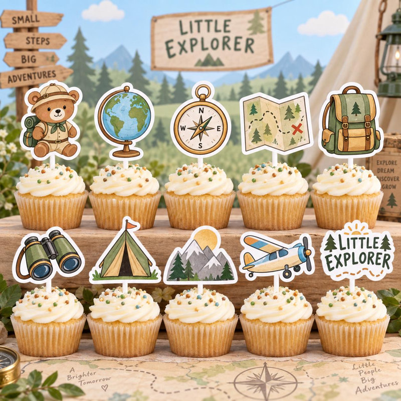Décorations pour cupcakes Petit explorateur, 10 modèles uniques pour une fête prénatale sur le thème de l'aventure