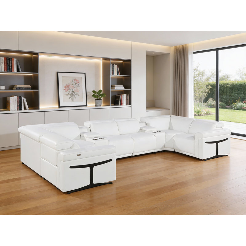 Canapé modulaire en forme de U inclinable électrique en cuir blanc avec huit consoles blanches