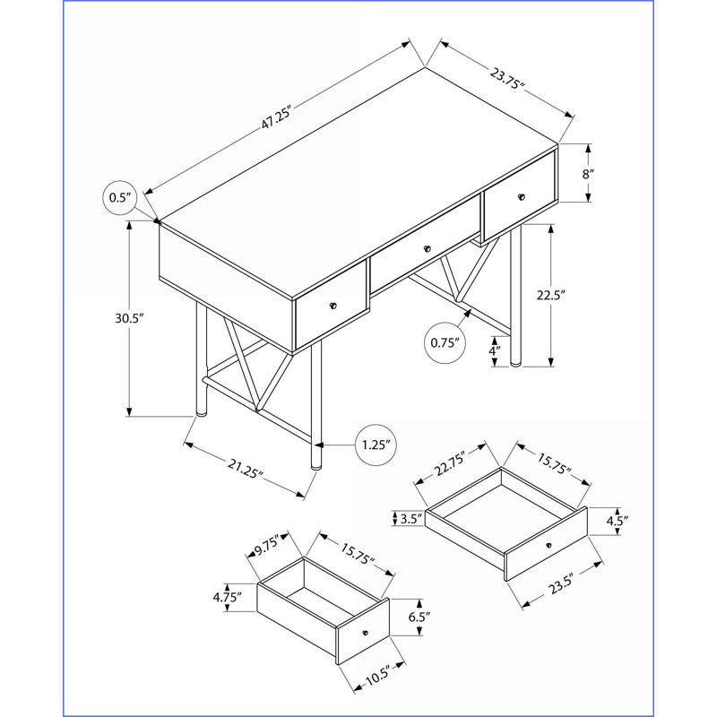 Bureaux | Bureau d'ordinateur 48 po avec tiroirs de rangement, style industriel transitionnel, stratifié noyer Métal noir | Noyer | Panneau de particules