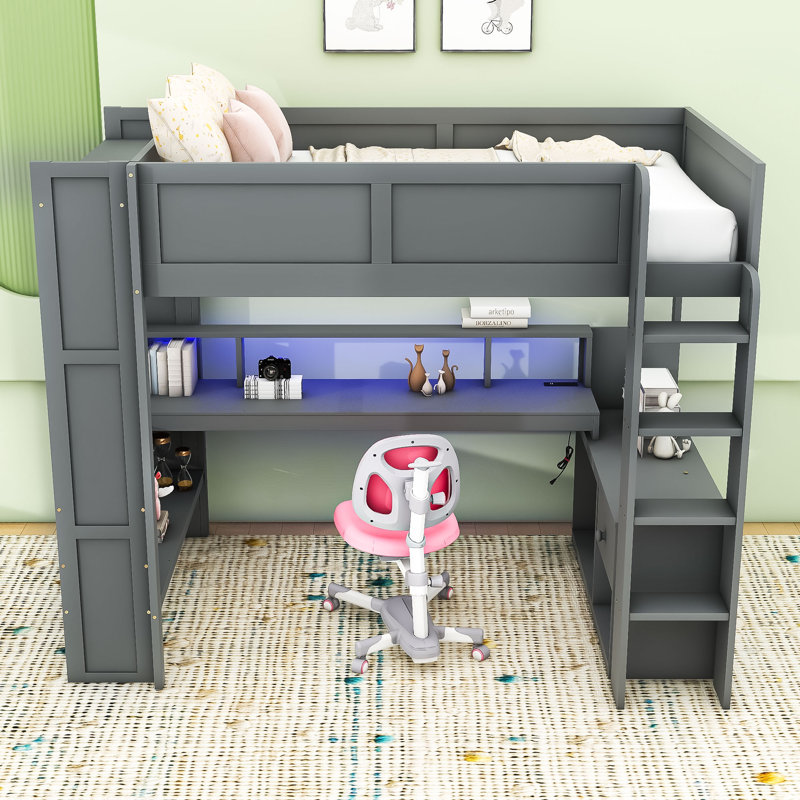 Wooden Loft Bed With 1 Drawer And Desk And LED And Charging Station, Full