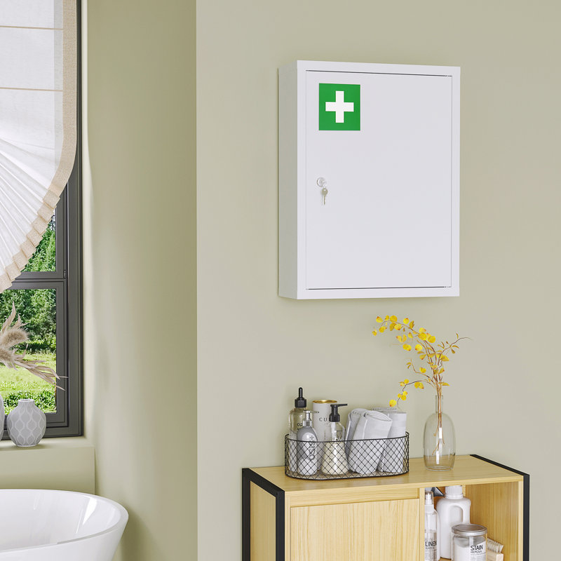 Armoire à pharmacie murale avec serrure, armoire murale verrouillable en acier à 3 niveaux pour la salle de bain, cuisine avec 2 clés