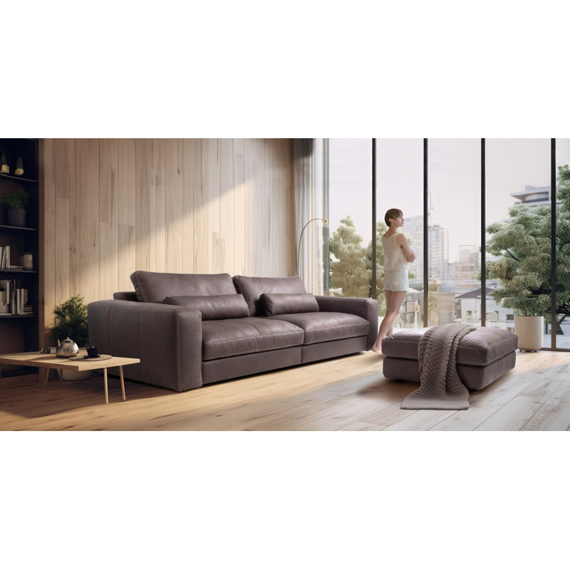 Parven 123cm Wide Genuine Leather Rectangle Solid Colour Standard Ottoman, Brown