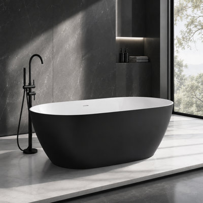 Baignoire ovale autoportante en acrylique de 150 cm (59 po) de profondeur, avec bonde centrale et trop-plein intégré, noir mat, profondeur d'immersion de 39 cm (15,5 po).
