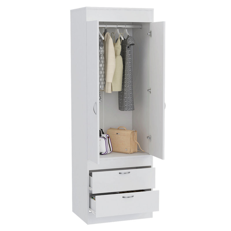 Armoire, tringle, porte double, deux tiroirs, poignées en métal, Blanc