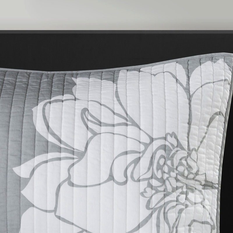 Literie 6 pièces, gris / pêche, double / grand, coton imprimé, confort réversible, coussins brodés, pièce lavable à la machine grise / pêche, chaleur, floral, 3 coussins