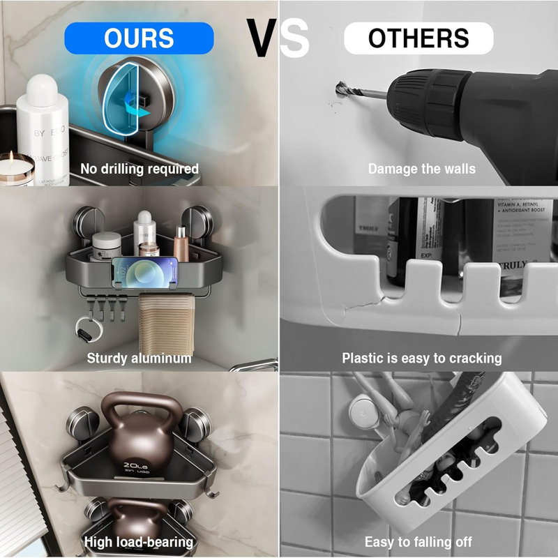 Ensemble de 2 tablettes de douche en coin à ventouse sans perçage