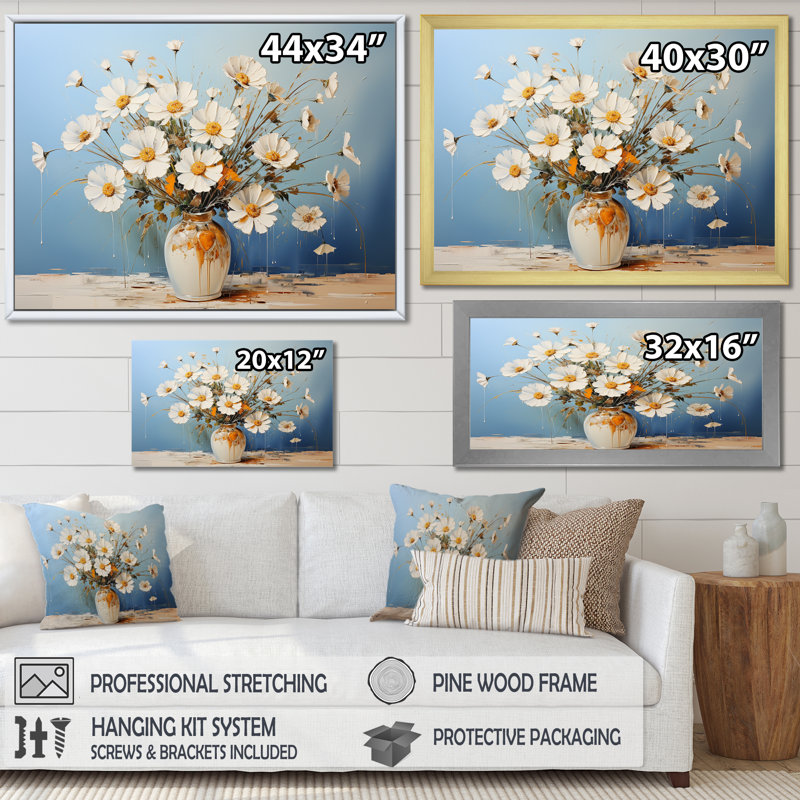 «White Daisy Efflorescence Bouquet Serenity III», reproduction sur toile, Cadre doré simple, H 24 po x l 32 po x P 1 po