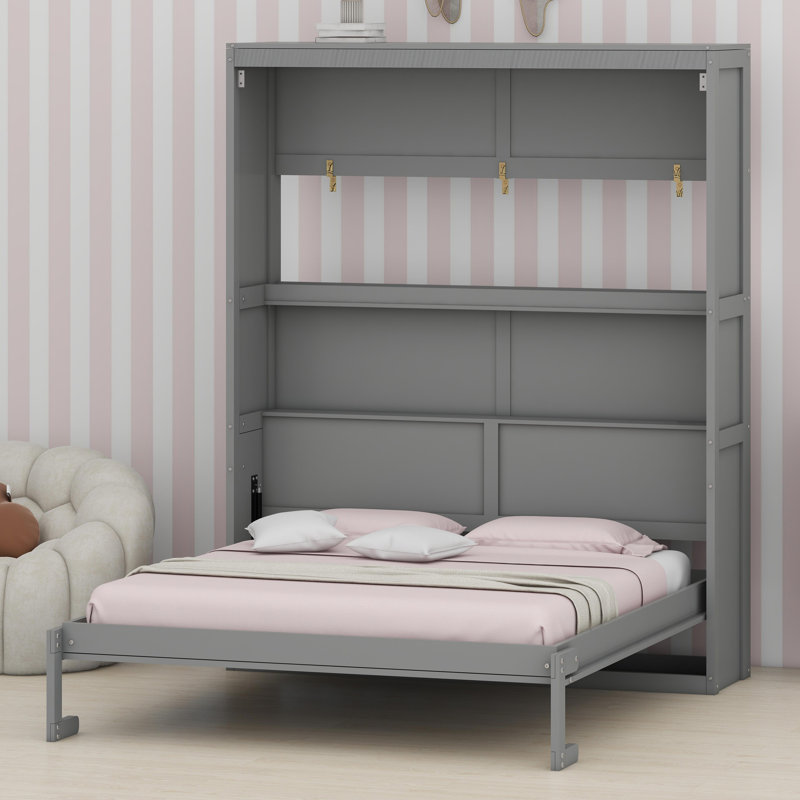 Lit escamotable rabattable avec tablettes intégrées, Gris