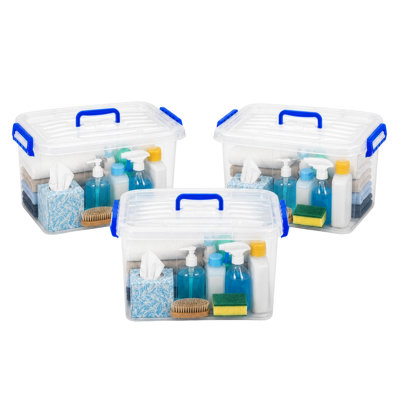 Basicwise Clear Storage Bins with Lids and Handles -Large Stackable Plastic Containers, Set of 3 - Durable Organizer Totes for Home, Office, Closet, Pantry, Moving, RV, Freezer - Clear