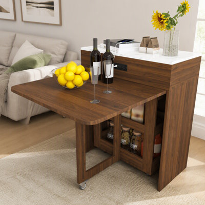 Table de salle à manger extensible de 188 cm (74 pouces), équipée d'une prise électrique, de roulettes verrouillables et d'un petit meuble de rangement, avec un îlot de cuisine coulissant et une surface en imitation marbre.