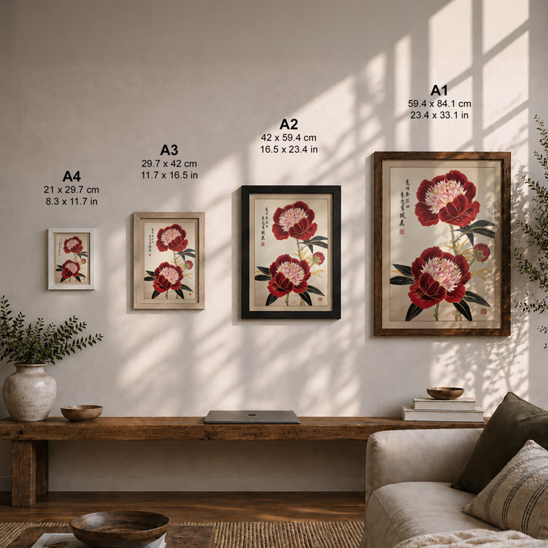Peonies in Bloom Japandi - Framed Print, Black, A4 - 29.7 x 21.0 cm