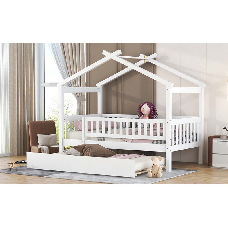 Lit en bois avec lit gigogne simple, Lit simple, Blanc