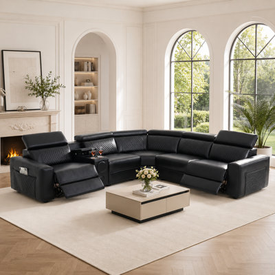 Canapé modulaire inclinable électrique en similicuir 6 pièces avec haut-parleurs Bluetooth, appuis-tête réglables, console de rangement cachée, ports de chargement USB et porte-gobelets Arail