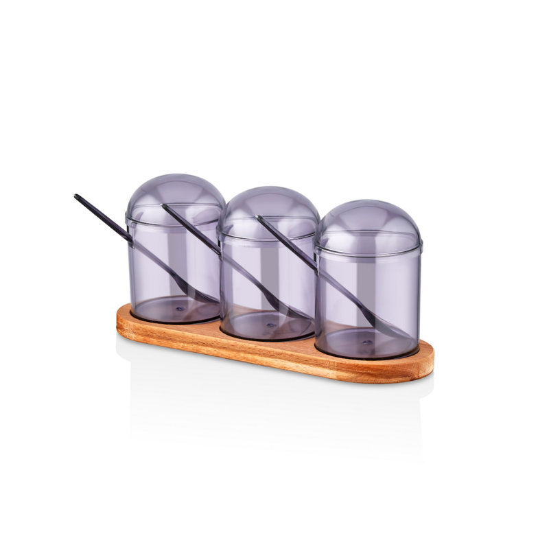 Ensemble de pots à épices et tablettes de cuisine Elegant (3 pièces), pots en plastique sans BPA (9,8 x 9,8 x 4,7 pouces, 9,3 oz liq.) Avec support en bois (9,4 x 3,1 x 4,7 pouces) | Va au lave-vaisselle, parfait pour les espaces de cuisson organisés, magnifique accent mauve