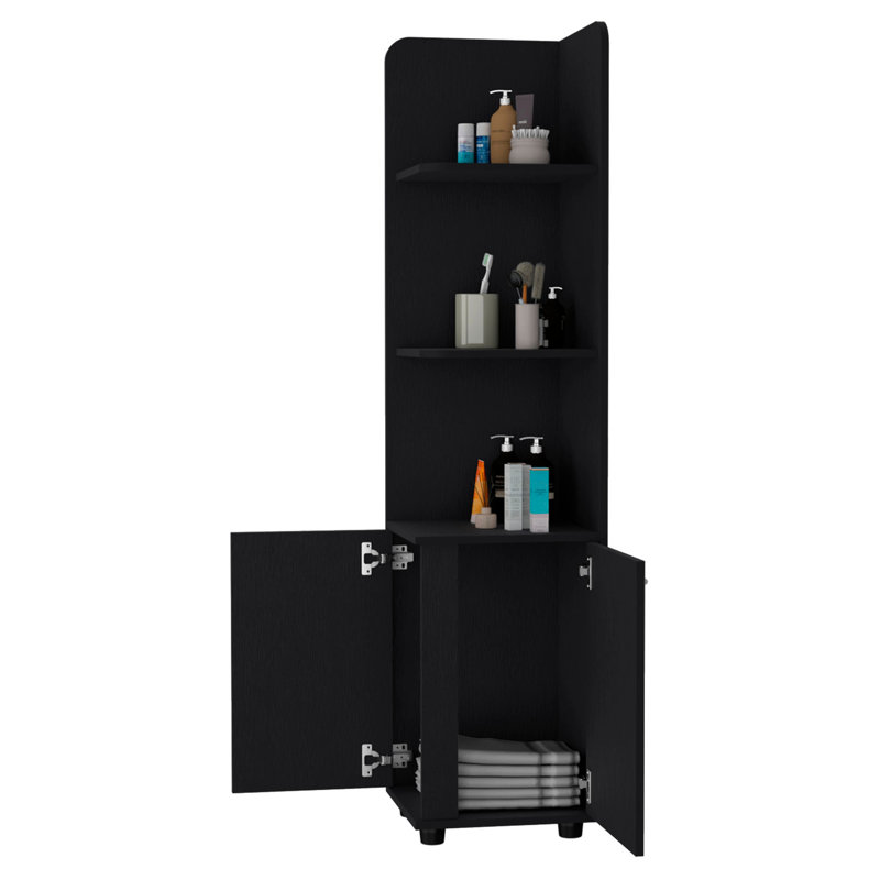 3 Corner Shelves Black Cabinet For Bathroom 2-door - Freestanding With Legs Unit