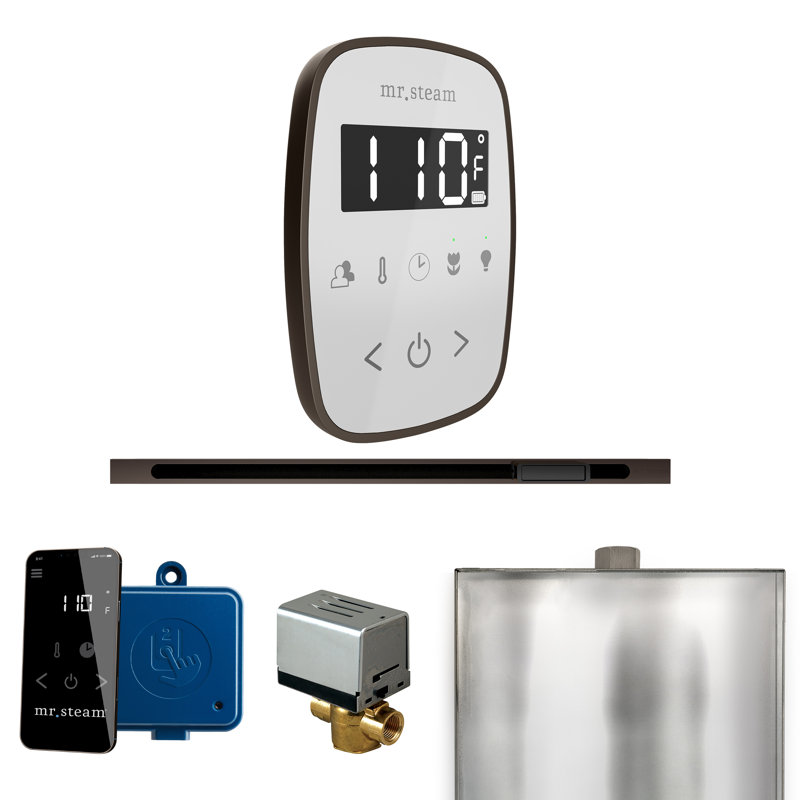 Ensemble de commande de douche à vapeur ButlerFlex avec contrôle TempoFlex et tête de vapeur linéaire, Blanc / bronze huilé