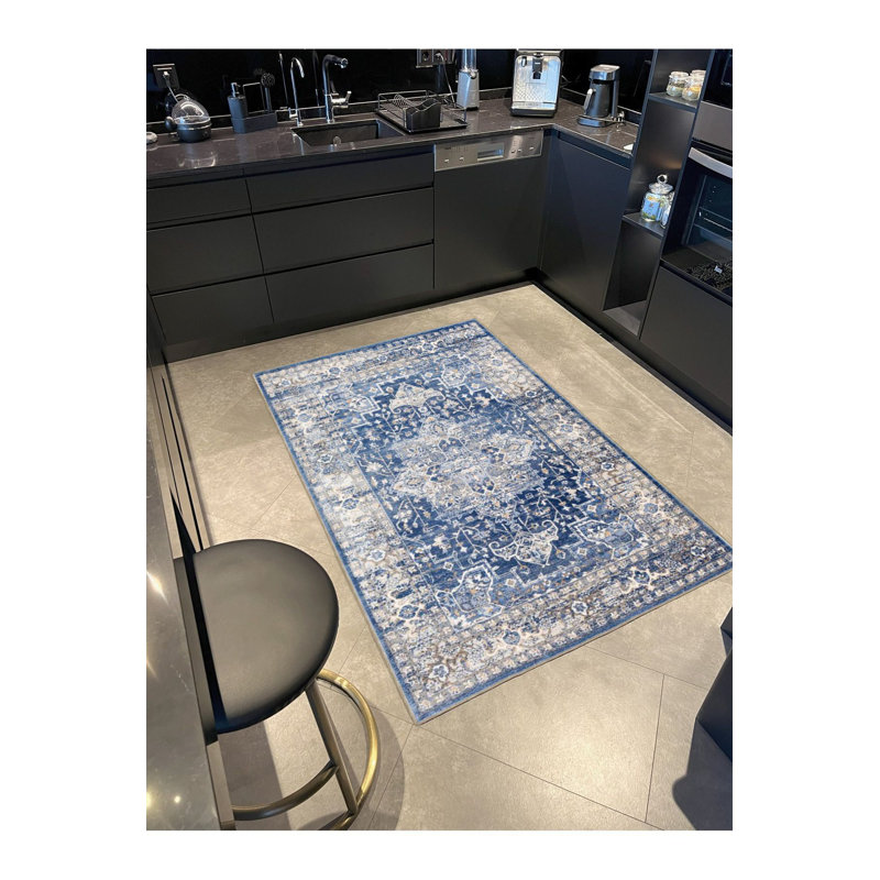 Tapis décoratif tissé à motif traditionnel bleu clair lavable à la machine, Tapis de couloir 2 pi 6 po x 6 pi 7 po inclus