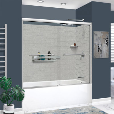 Ensemble de douche/baignoire à coller Saramar, 7 pièces, dimensions : 152 cm x 91 cm x 203 cm (60 po x 36 po x 80 po), avec robinet de porte et accessoires, gris plage/chrome poli (KTAFS603660R-27PC).