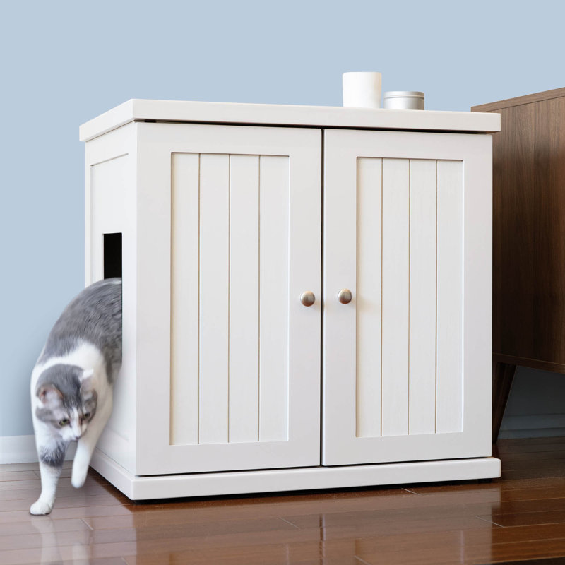 The Refined Litter Box - Wood Cat Litter Box Enclosure Cabinet with Drawer, Cottage Style, White, Extra Large