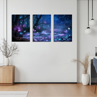 Forêt fantastique avec champignons lumineux et papillons - Ensemble de 3 tableaux sur toile