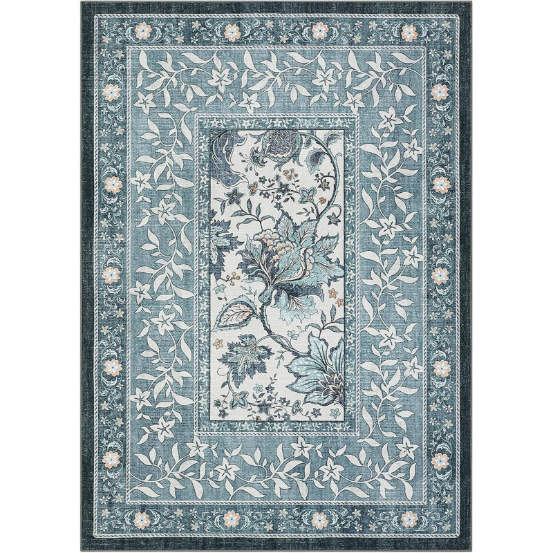 Provence 4x6 Area Rugs, Botanical Grove Vintage Cottagecore Non-Slip Washable Rug for Bedroom Living Room Kitchen Low-Pile Carpet Retro Blue