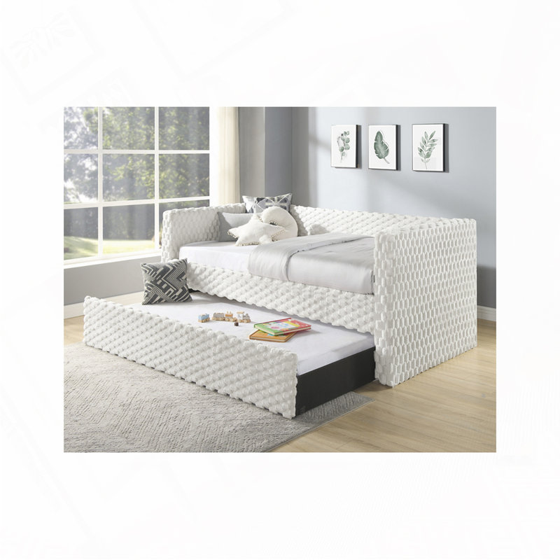 Daybed Armrest Pull Out Trundle ,Textured Fabric, White