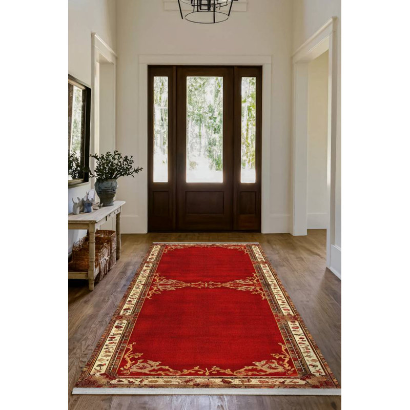 Susan Red Oriental Machine Printed Cotton Polyester Area Rug, Round 3'4"