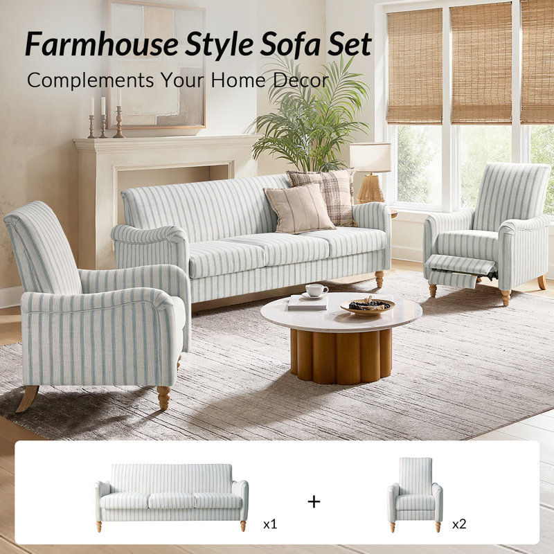 Terren 3-Piece Farmhouse Living Room Set with Solid Wood Spindle Legs, Blue