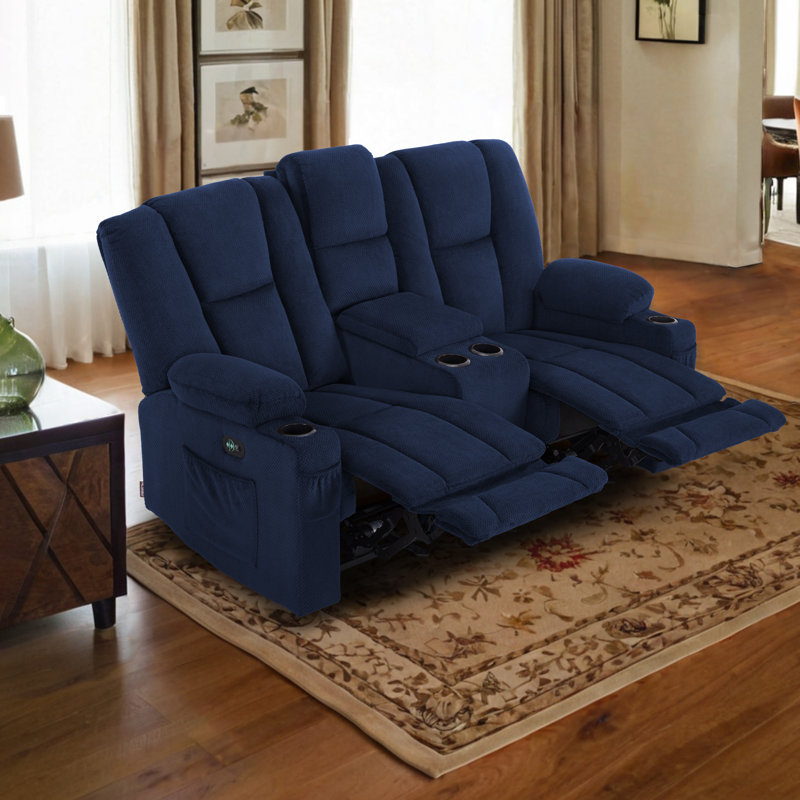  Electric Reclining Loveseat Sofas with Heat, Console and Massage, Cup Holders, Fabric Upholstered, Navy Blue Polyester Blend