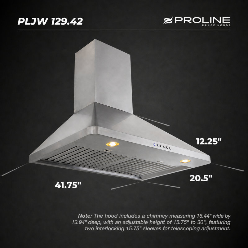 PROLINE 42-Inch Professional Wall Range Hood, Ducted, 1200 CFM, Stainless Steel, LED Lights, ULTRA-QUIET Blower Motor, 4 Speed, 3-Year Warranty
