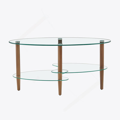Oval Coffee Table With Glass Table Topand Shelf, Oak Wood Leg