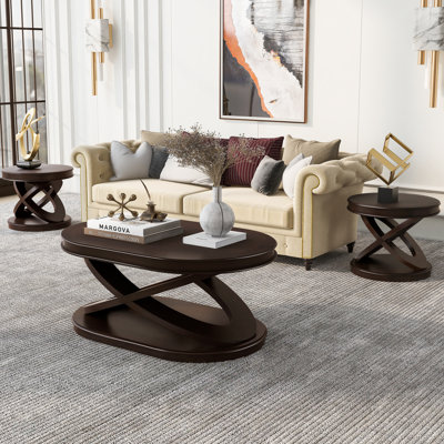 Retro Coffee Table Sets 3 Pieces, Wood Living Room Table Set Include 44" Oval Coffee Table, Round End Table Set Of 2, End Table