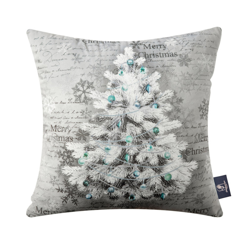 Phantoscope Merry Christmas Decorative Velvet Embroidery Throw Pillow Cover with Snowflake, Trees, Navy/Gray/White