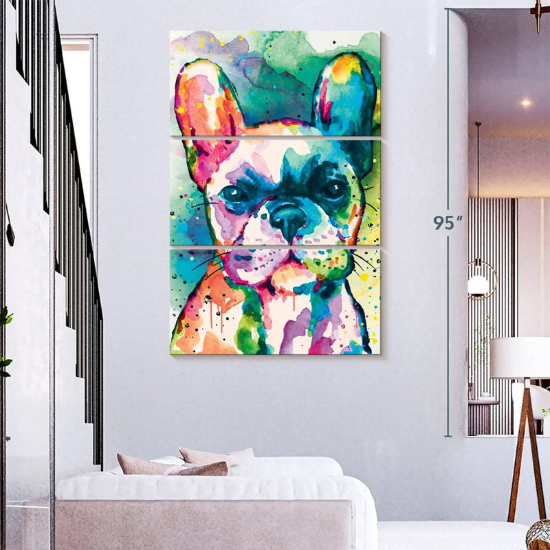 Bouledogue français, peinture, éclaboussures, 3 pièces, H 74 po x l 48 po x P 1,25 po
