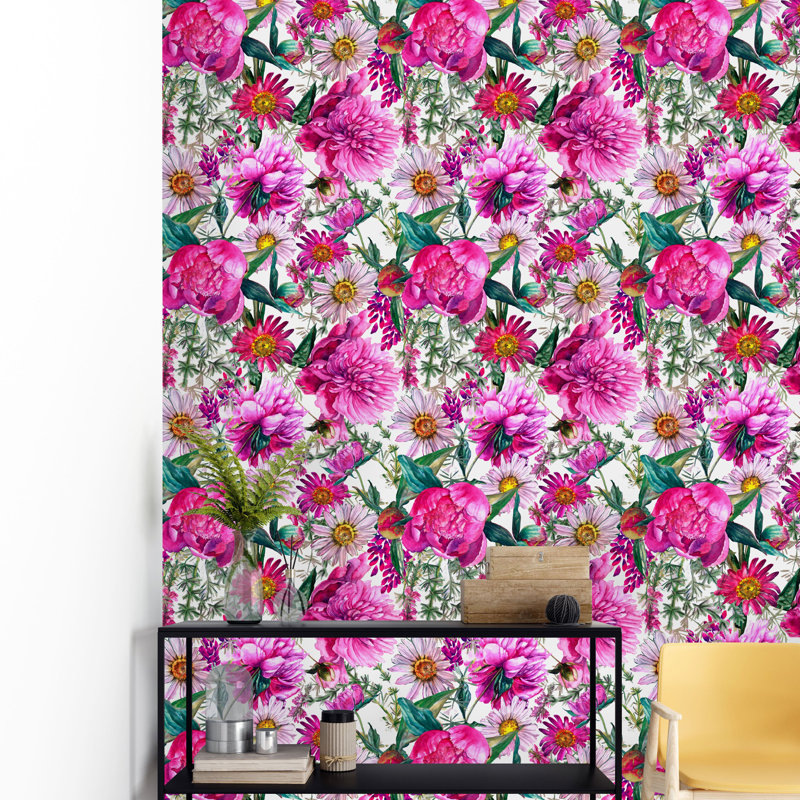 Peony And Daisy Flowers Peel And Stick Wallpaper, 16.67" L x 25" W