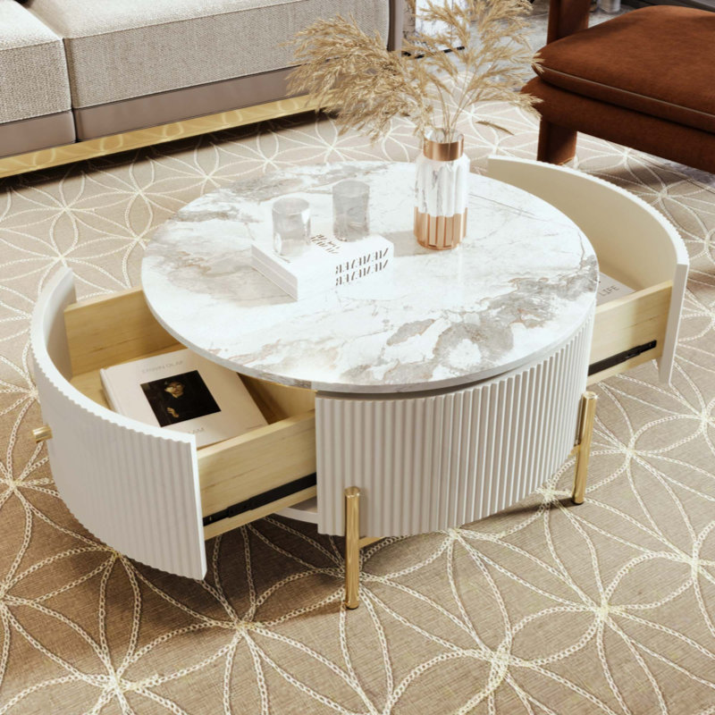 Modern Round Coffee Table With 2 Large Drawers Storage Accent Table