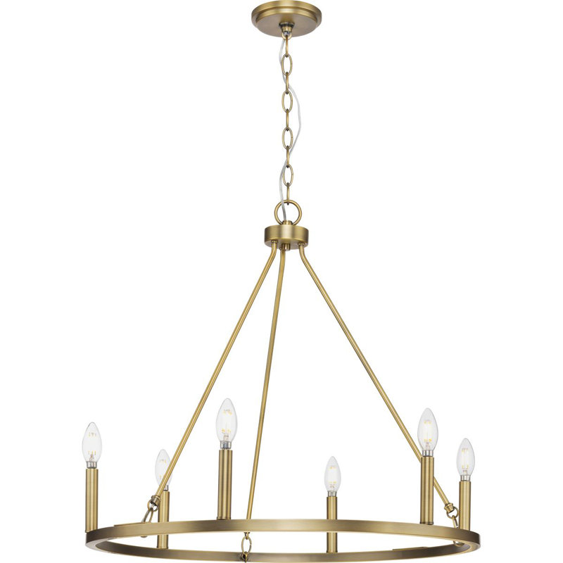 6 - Light Dimmable Wagon Wheel Chandelier, Vintage Brass