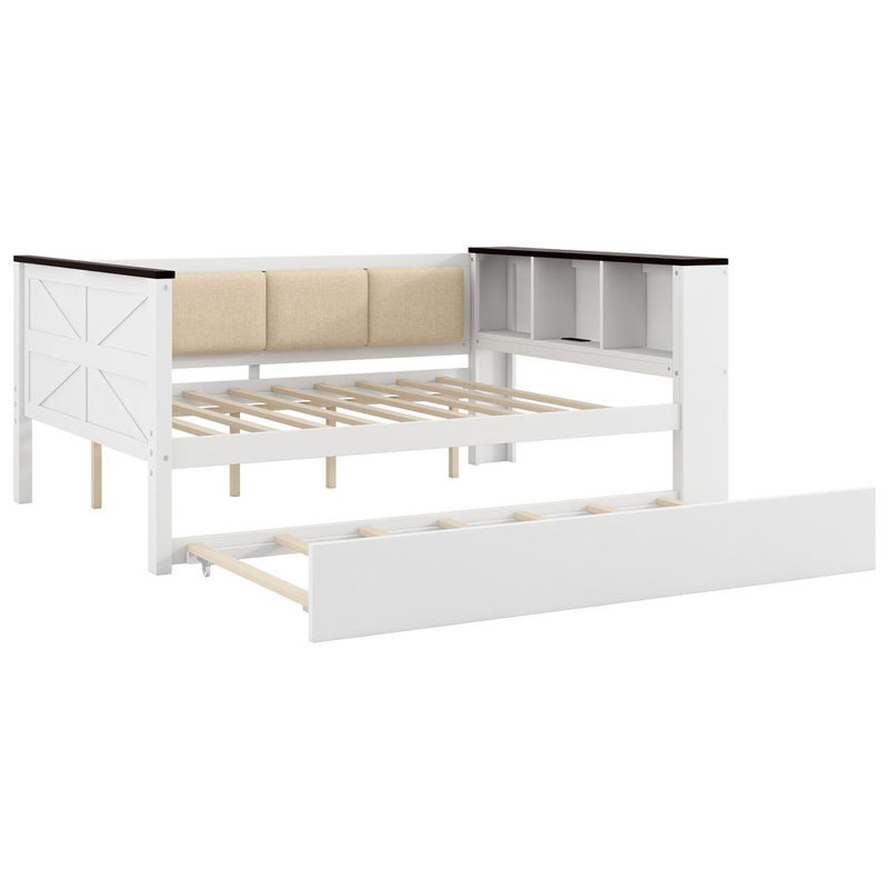 Wood Full Size Daybed With Upholstered Backrest And Trundle Bed
