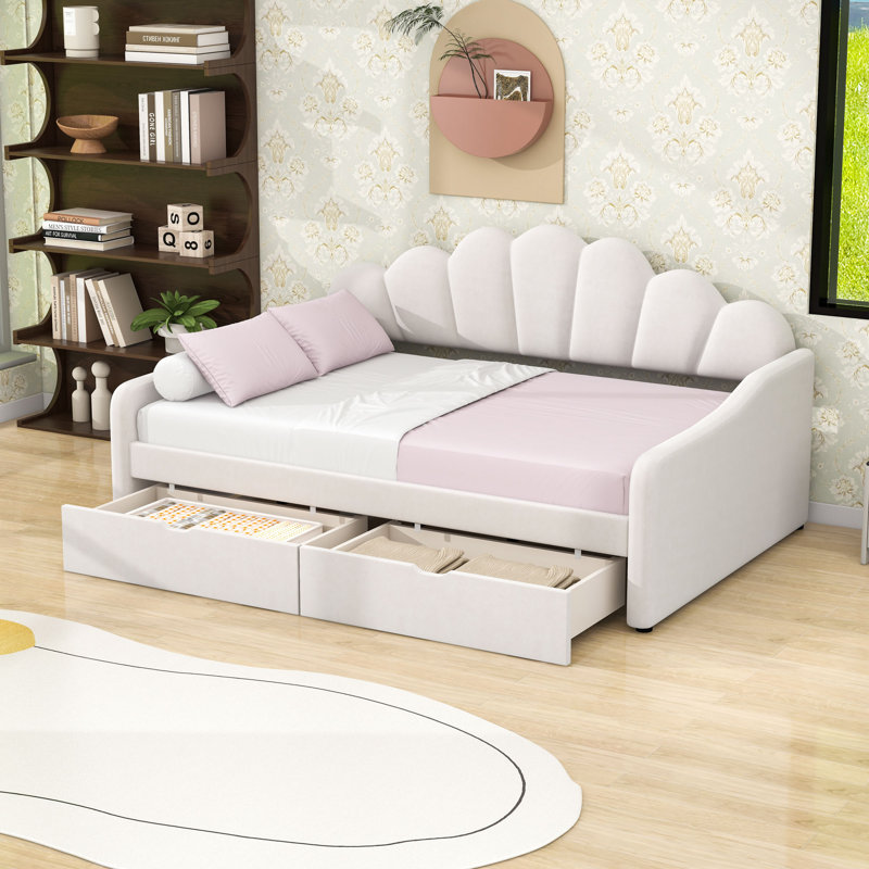 Upholstery Daybed Frame with 2 Drawers, Beige