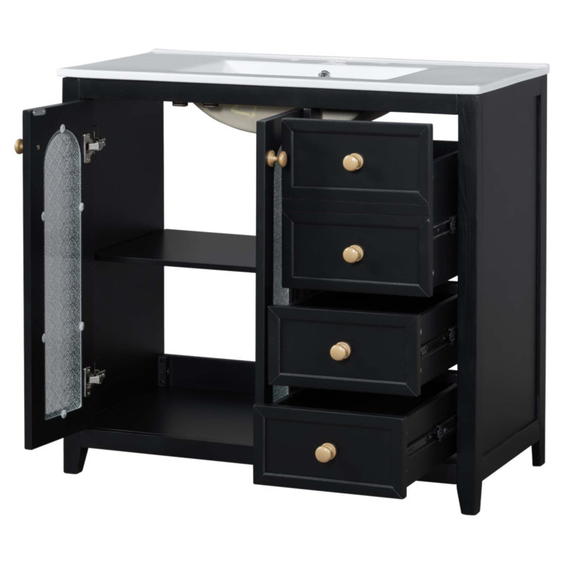 36-Inch Bathroom Vanity With Soft Close Doors, Adjustable Shelves, And Three Drawers For Ultimate Storage And Style, Black