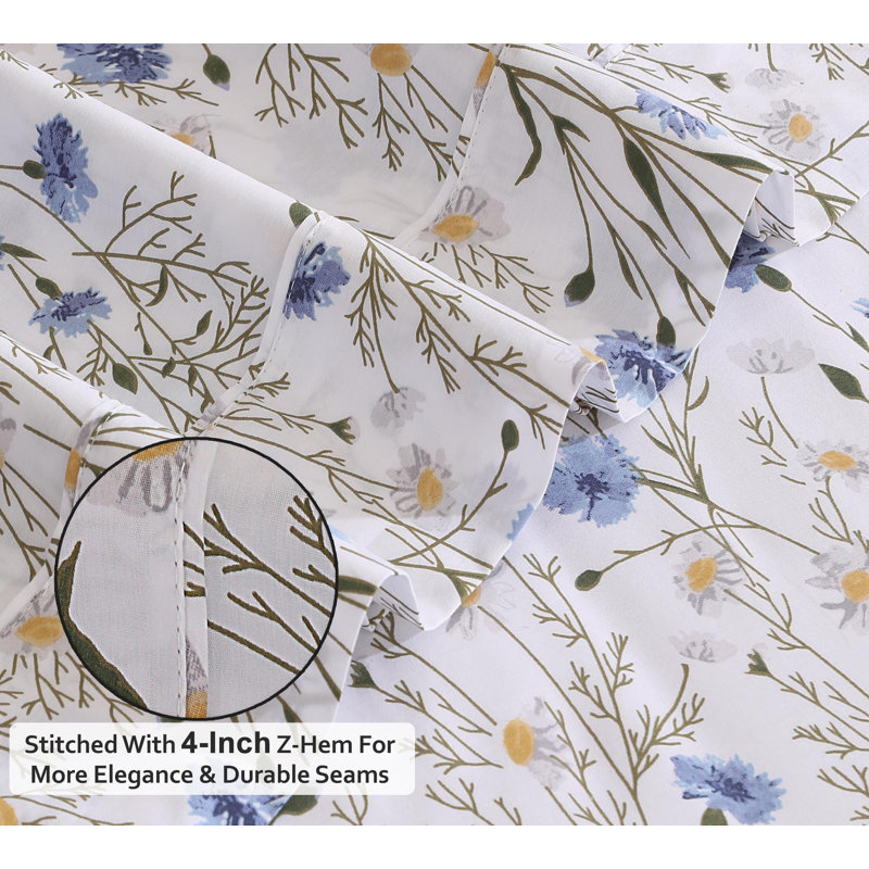 Sweet Pea Blue Floral Cotton Percale Queen Sheet Set
