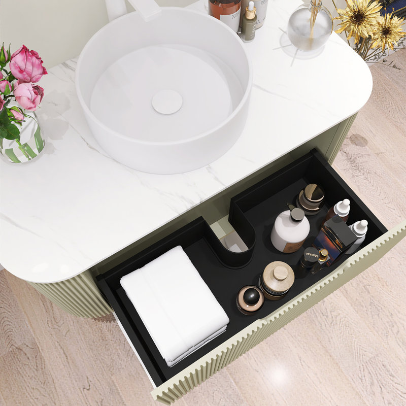 Wall Mounted Floating Striped Bathroom Vanity Set With Artificial Marble Top And Ceramic Vessel Sink, Light Green, 36"