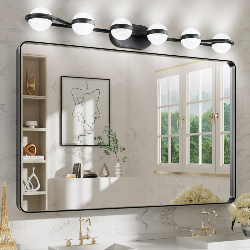 (Identique à W1340P143680/LL2001-B-6) Applique murale décorative minimaliste noire de 109 cm (43 po) avec abat-jour en acrylique effet sable cristallin, 6 lumières, idéale pour un miroir de salle de bain.