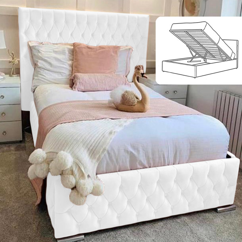 Delafuente Chesterfield Wingback Ottoman Storage Bed - Curved Velvet Upholstered Bed Frame, White, Single (3')