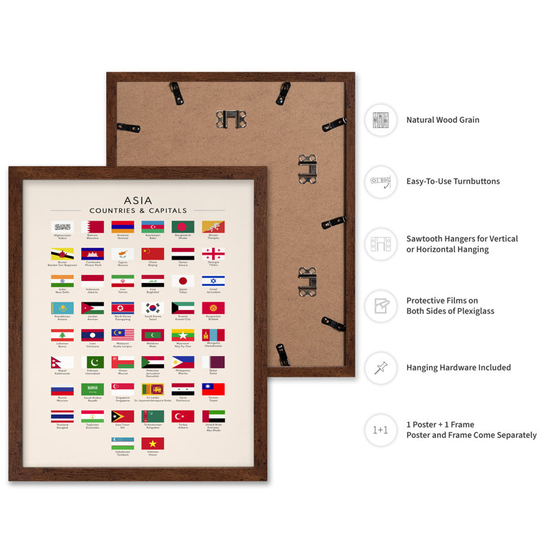 Drapeaux d'Asie, Poster, Brown Framed, 11"H x 14"W