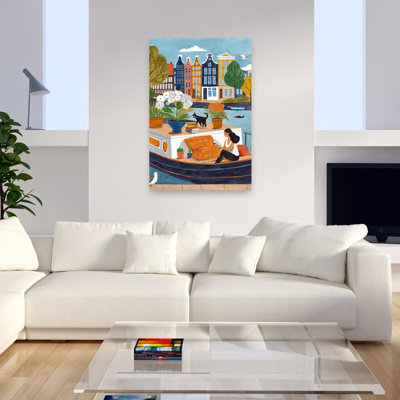 Amsterdam City Life On A Houseboat Colorful Peaceful Serene Bird Cat City Landscape Wall Art Print 1 Piece Wrapped Canvas Wall Art