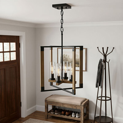 4-Light Farmhouse Chandelier Black Wood, Square Pendant Light E12 with Adjustable Hanging Chain and Rod