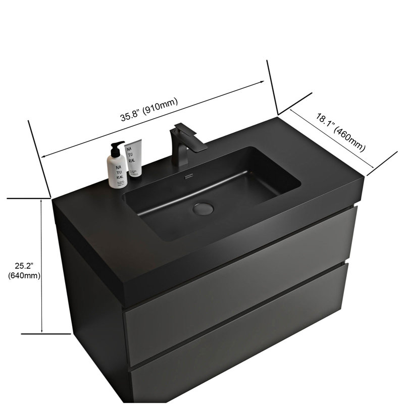 Rosehill Wall Mounted Single Bathroom Vanity with Engineered Stone Top, Black, Gray